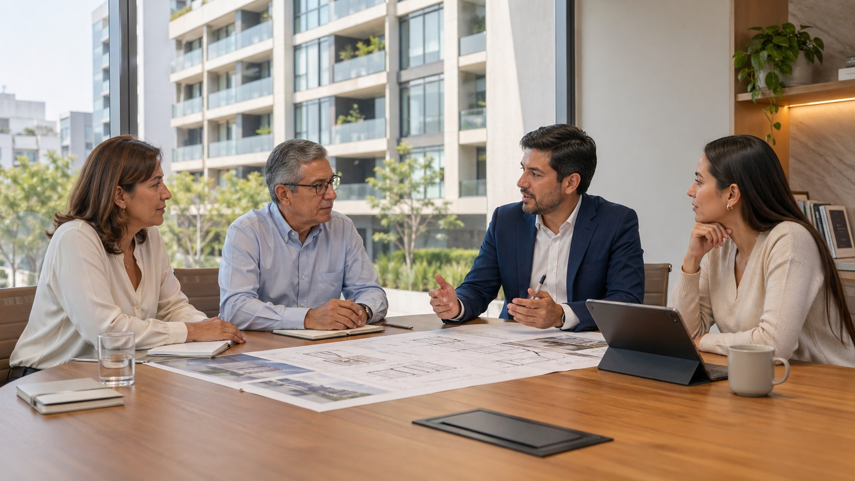 Visual referencial de reunión estratégica para un edificio administrado por Grupo Hernández